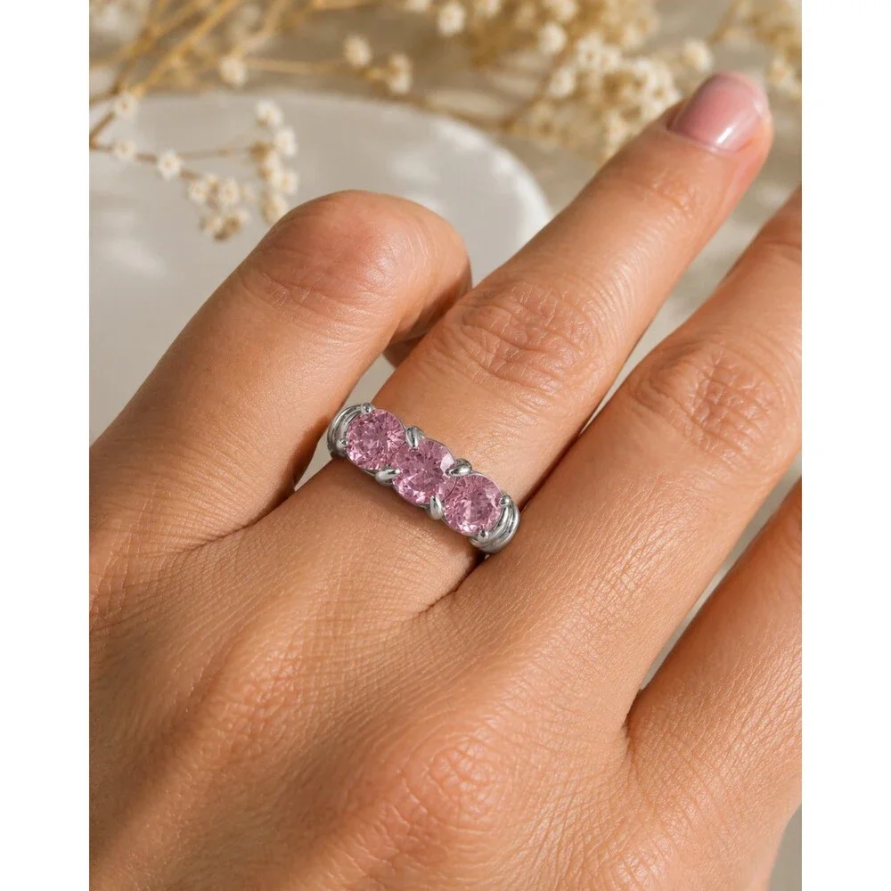 Pink Three Stone Ring, Silver Tone Trilogy Ring, Pink Statement Jewelry